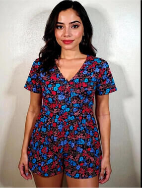 NWT Vintage Louise Paris Women's Medium Rayon Romper Black Floral Back Tie 80s